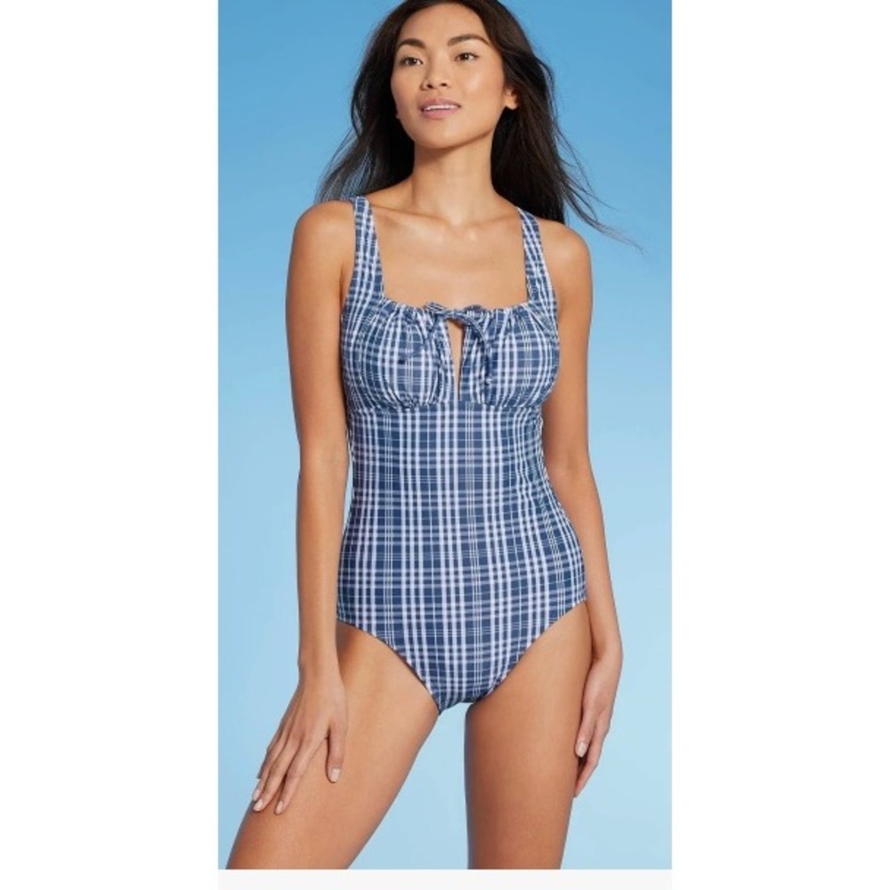 NEW Kona Sol Blue Gingham Plaid One Piece Swimsuit Small Keyhole Tie Sweetheart